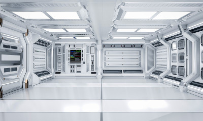 未来建筑科幻走廊和走廊室内，3D渲染