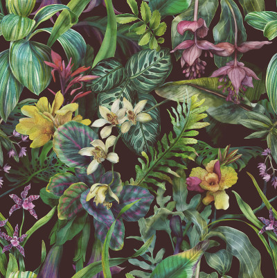 热带无缝图案与异国情调的花朵。花的背景与叶和花