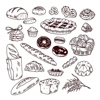 手绘烘焙食品的集合轮廓面包，饼干，甜甜圈，纸杯蛋糕，面包物体孤立在白色的背景。