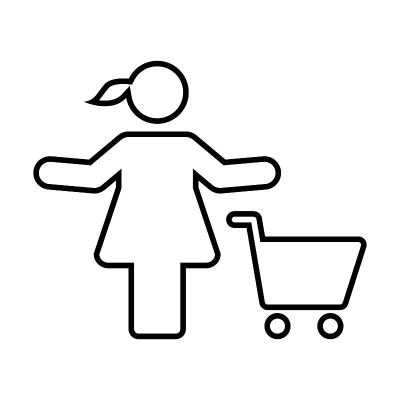 购物图标向量女性人与购物车轮廓符号在一个平坦的颜色字形象形图