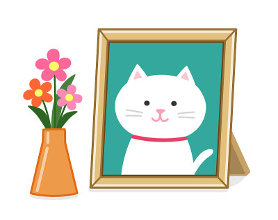 一只死去的白猫的画像和献花。