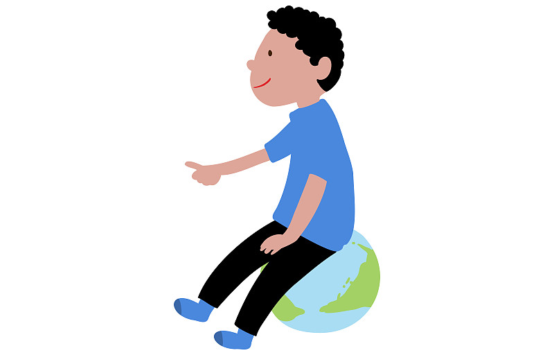 世界地图上一个男孩用手指着垫子的插图
