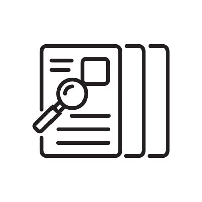 Magnifying glass and documents line icon.