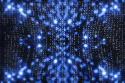 蓝色矩阵数字背景。抽象的网络空间的概念。人物倒了。来自符号流的矩阵。虚拟现实设计。复杂的算法数据黑客