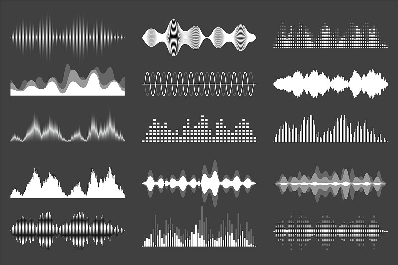 声波集合。模拟和数字音频信号。音乐均衡器。干扰录音。高频无线电波。矢量图