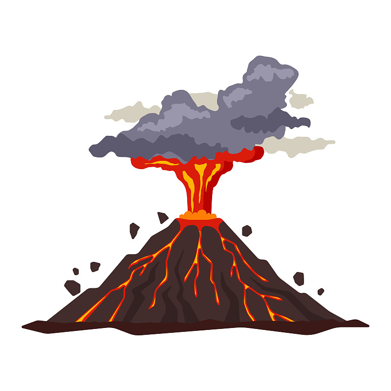 火山喷发的岩浆，烟雾，灰烬孤立在白色的背景。火山活动热熔岩喷发-平面矢量图解