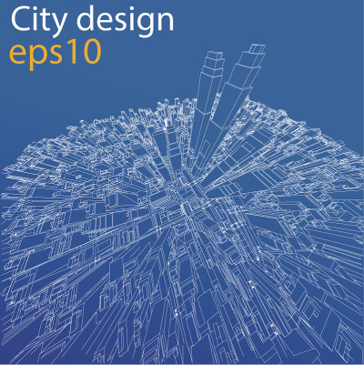 线框城市，蓝图风格，3D渲染矢量插图