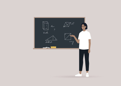 一位年轻的教师在黑板上用手画的数字讲解几何学