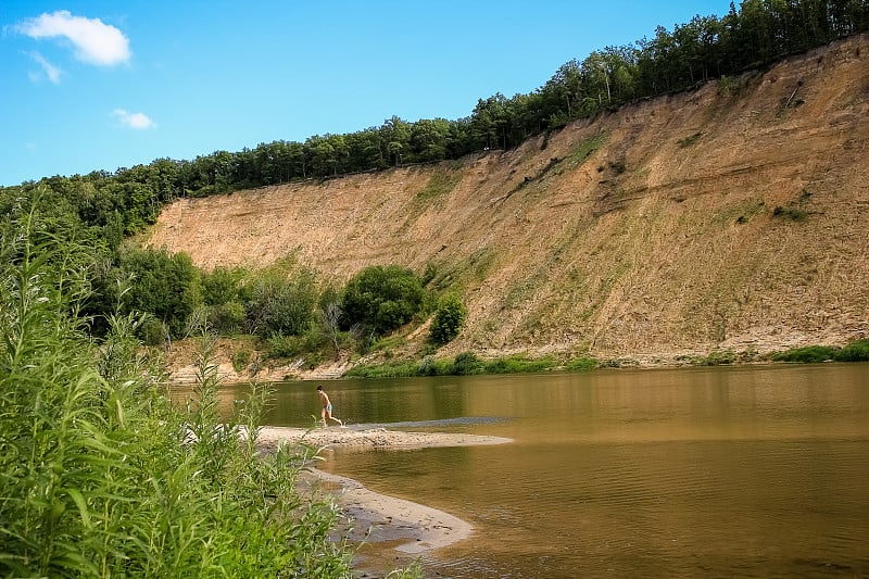 Beautiful summer landscape, sandy beach, river, bl