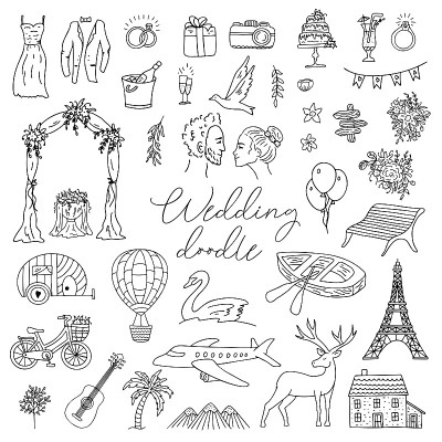 Doodle wedding icon set with decorative elements