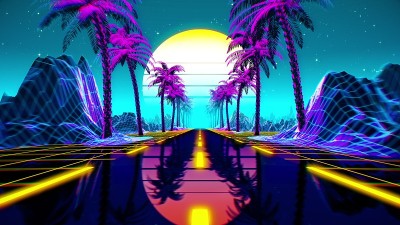 80年代复古未来科幻背景。VJ电子游戏景观与霓虹灯