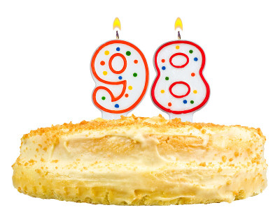 生日蛋糕与蜡烛九十八孤立在白色