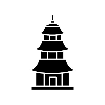 日本寺庙黑色象形符号。佛教宝塔结构。传统的神道教神殿。日本风格的城堡。东方建筑。白色空间上的剪影符号