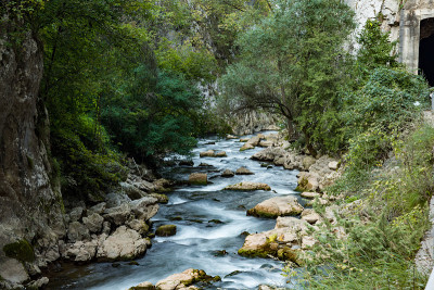 美丽，狭窄的杰尔马河峡谷，高悬崖，和岩石，周围的绿色植被，岩石隘口峡谷在塞尔维亚。