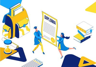 毕业等角插图，3d登陆页与毕业生持有文凭，卡通人物与证书，成功概念，高中或大学派对，学校男孩和女孩，