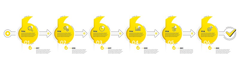 业务信息图6步时间表。工作流程与研究，工作时间，成长图表和目标图标。向量
