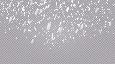 矢量大雪，雪花有不同的形状和形式。许多白色的冷片状元素在透明的背景。雪花飘落，雪花飘零。