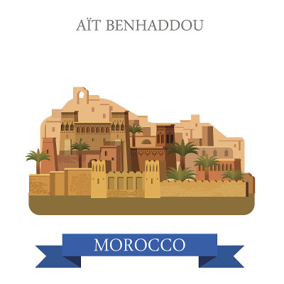 Benhaddou Marocco。平面卡通风格的历史景点展示景点网站矢量插图。世界各国城市度假旅游