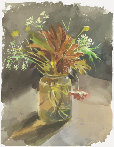 水彩矢量画静物与野花和叶子在玻璃罐