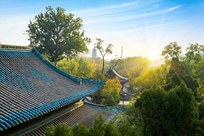 秋天，公园里有中国古建筑的阁楼和银杏树