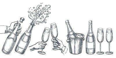 香槟矢量手绘素描插图。手持爆炸香槟瓶和酒杯的人