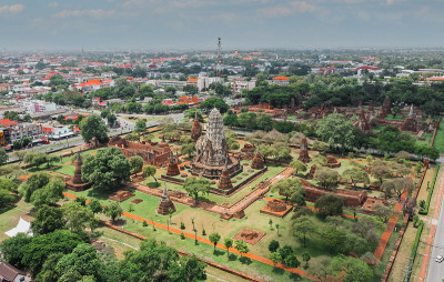 鸟瞰图大城府，Wat ratchabrana，空在冠状病毒期间，在Phra Nakhon Si大城府