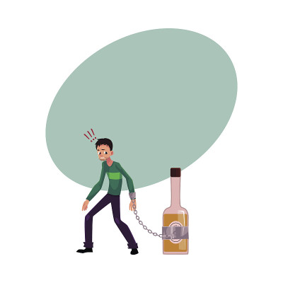 胡子拉碴的男人，手被锁在酒瓶上。酒精依赖