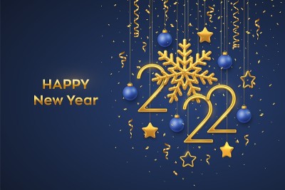 新年快乐。悬挂金色金属数字2021与闪亮的雪花和五彩纸屑在黑色背景。新年贺卡或横幅模板。节日装饰。矢