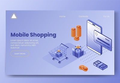 数字等距设计概念集移动购物app 3d图标。等距金融业务标志-手机，信用卡，包装盒，现金登陆页面横幅