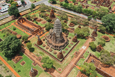 鸟瞰图大城府，Wat ratchabrana，空在冠状病毒期间，在Phra Nakhon Si大城府