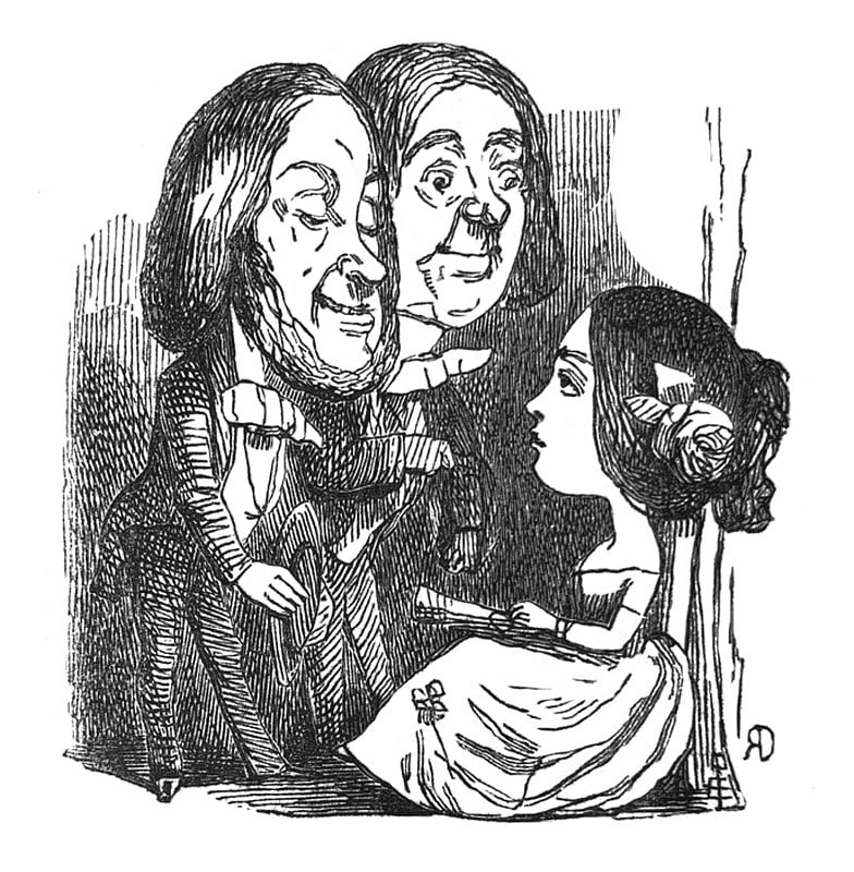 Two men with very big heads talking to a woman wit