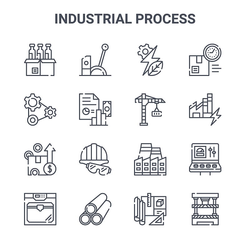 一组16个工业过程概念向量线图标。64x64薄行程图标，如控制杆，齿轮，工厂，工厂，管，压力机，项目