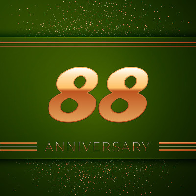 现实88 88周年庆祝标志。绿色背景上的金色数字和金色五彩纸屑。彩色矢量模板元素为您的生日派对