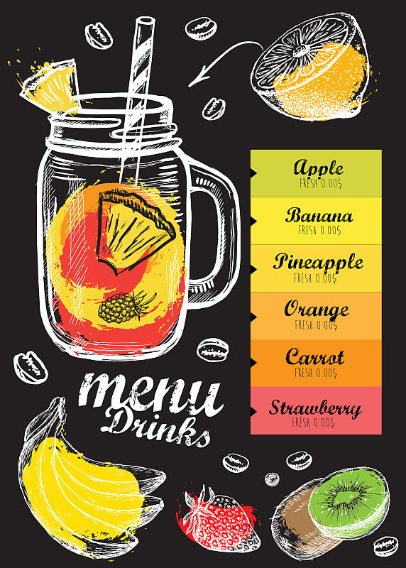 Мenu表示果汁、奶昔。手绘的风格。矢量插图。
