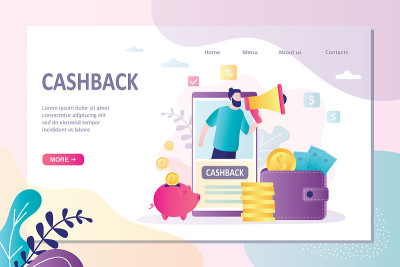 Ð’ashback登陆页面模板。奖励,忠诚计划。智能手机，银行职员用扩音器，网络营销技术。