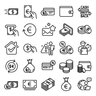 钱一行图标。信用卡，现金和硬币。向量