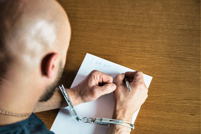 男人手上戴着手铐填写警方记录，招供。在警察调查警探之上。逮捕，保释，犯罪，监狱。指纹,犯罪