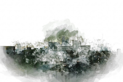抽象办公楼以城市建筑为背景绘制水彩画。城市上的数字插画刷艺术。