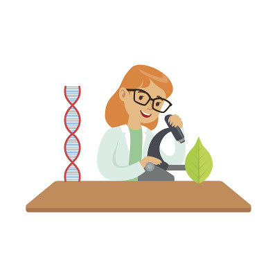 女孩生物学家与显微镜，做生物科学研究的孩子梦想成为专业的科学家在未来