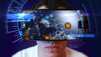 佩戴虚拟现实头盔体验虚拟现实的年轻人。3 d渲染。