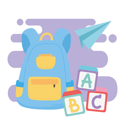 back to school, backpack blocks alphabet and paper