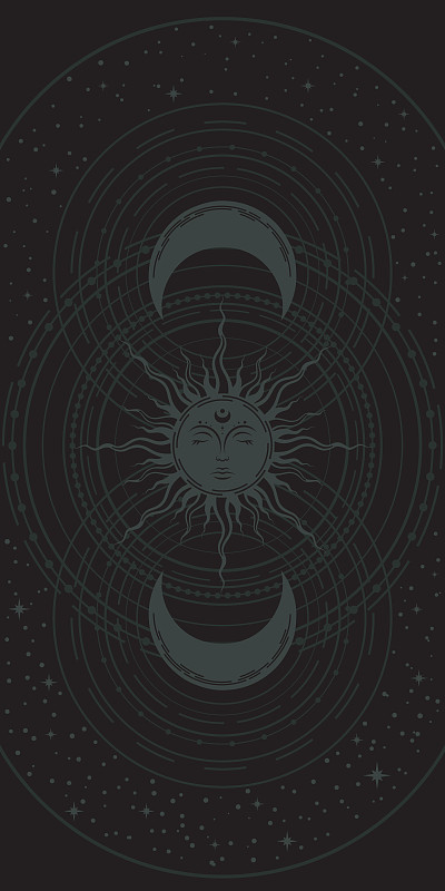 放荡不羁的月球背景。向量神秘的民族风格覆盖着神奇的新月和太阳的脸，围绕着黑色的星星。神秘的黑暗插图