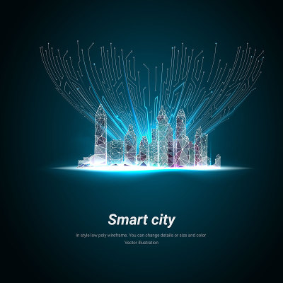 智慧城市或智慧建筑。低聚线框。楼宇自动化与计算机联网图解。管理系统或专题背景。神经丛的轮廓线和点。