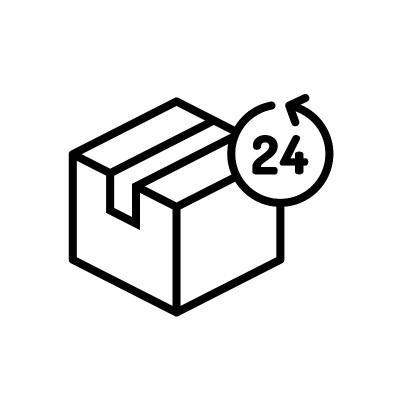 24小时送货图标。一天内发货。纸板盒与时间圆箭头。
