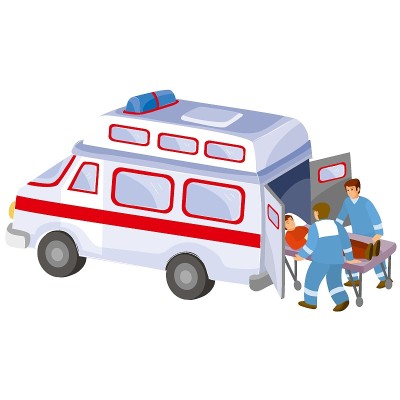 救护车和医护人员一起用担架抬起病人，卡通插图，白色背景上的孤立物体，矢量，