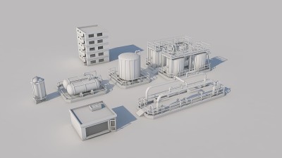 工厂区域的3d渲染，单色元素孤立在白色背景上。工厂有桶桶和化工桶，生产面积大。