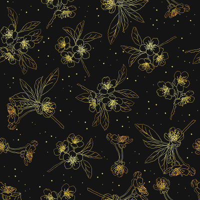 无缝的背景。樱花。盛开的樱花。黑色背景上的金色樱花。矢量插图。eps 10。