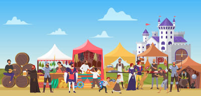 Medieval fair vector illustration, cartoon flat mi