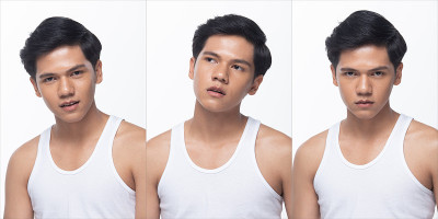 亚洲男人化妆后的发型。没有修整