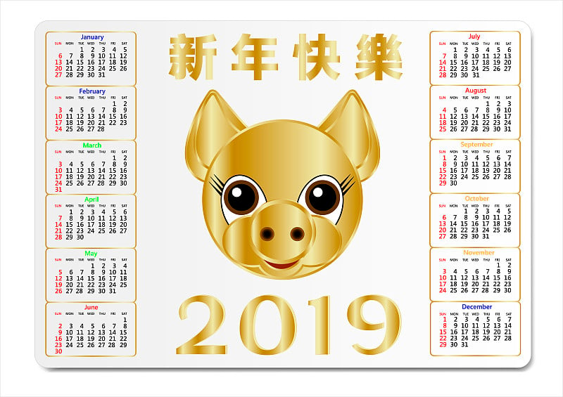 2019年金猪袖珍日历和中文祝贺。可以用作企业日历的模板。